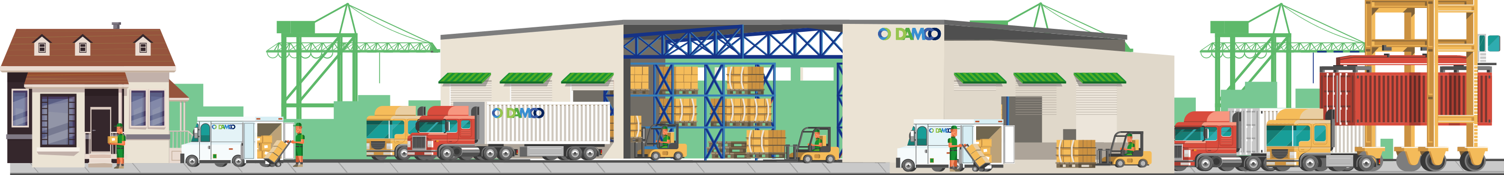 Illustrated Damco logistics campus with trucks, containers, warehouses, and port cranes